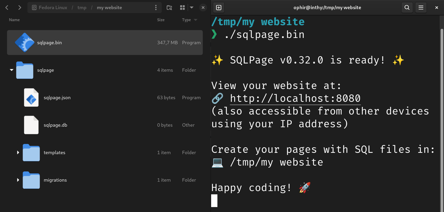 screenshot for the sql website setup on linux